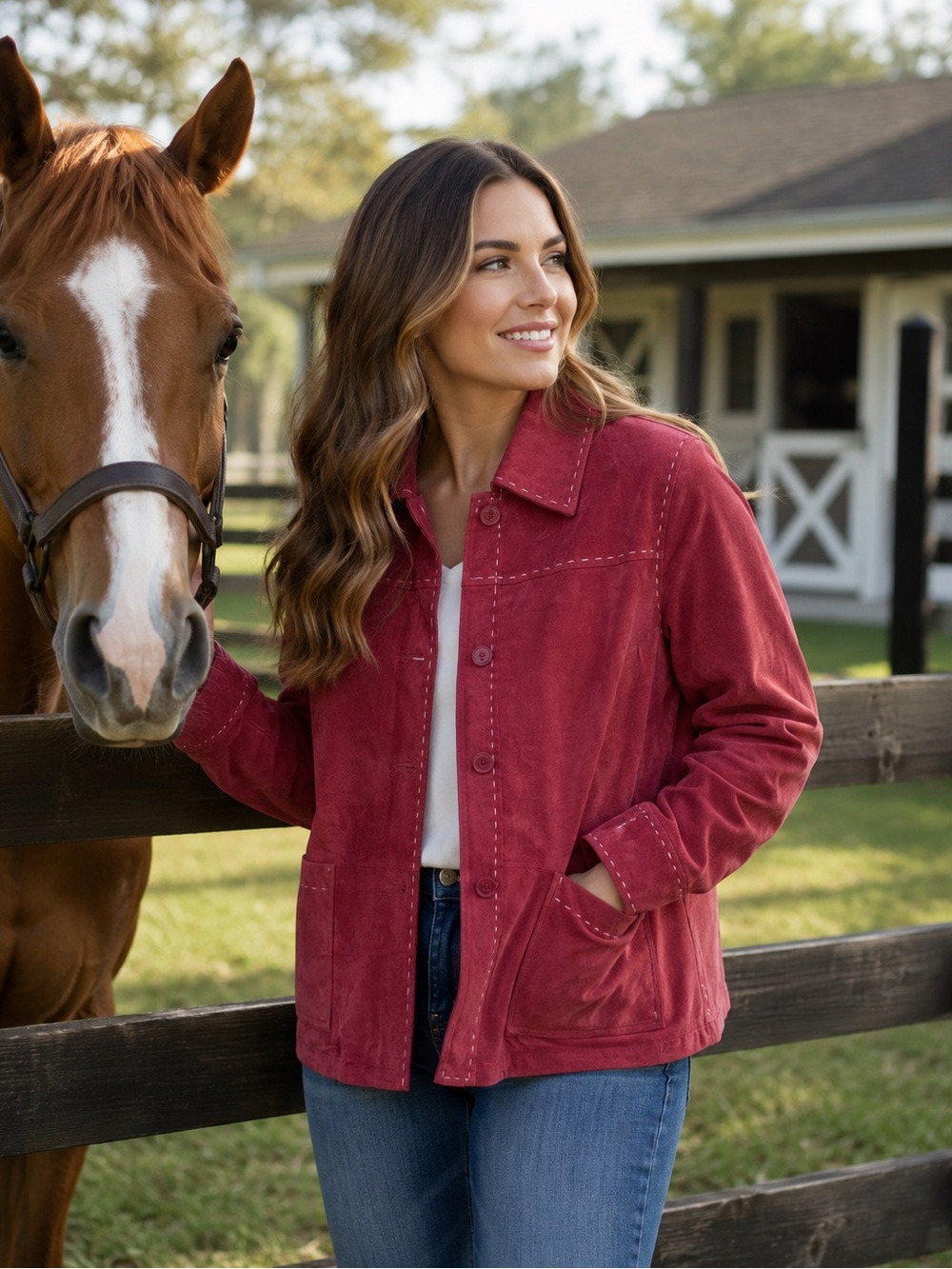 D&Co Women's Crimson Red Suede Jacket with Button Front & Topstitch Detail